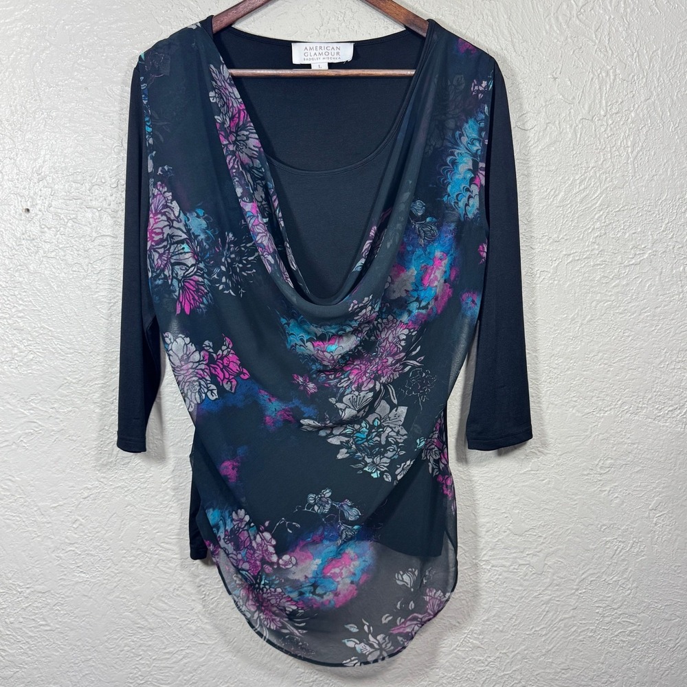 Badgley Mischka Blouse Top Lg Floral Cheer Chiffon Fairy Grunge Whimsigoth Artsy